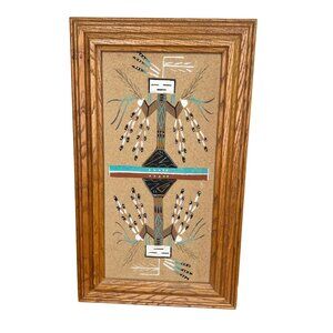 Handcrafted Native American Navajo Sand Art Signed Shorty Framed Spiritual Art